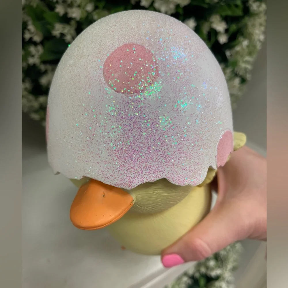 Easter Chick in Pink Glitter Pastel Polka Dot Easter Egg Shell Resin Figure NWT
